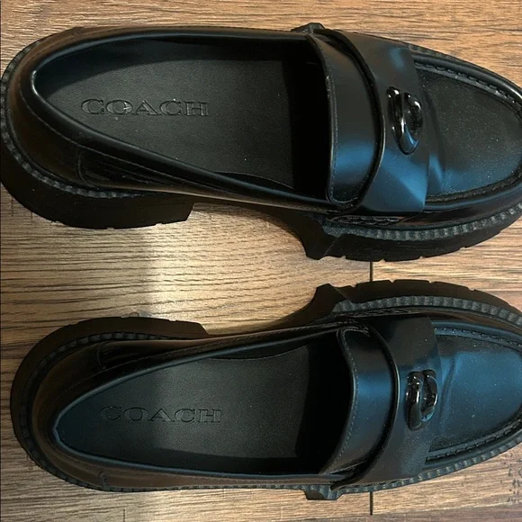 Coach Black Leather Loafers with Logo Accent - Picture 2 of 4